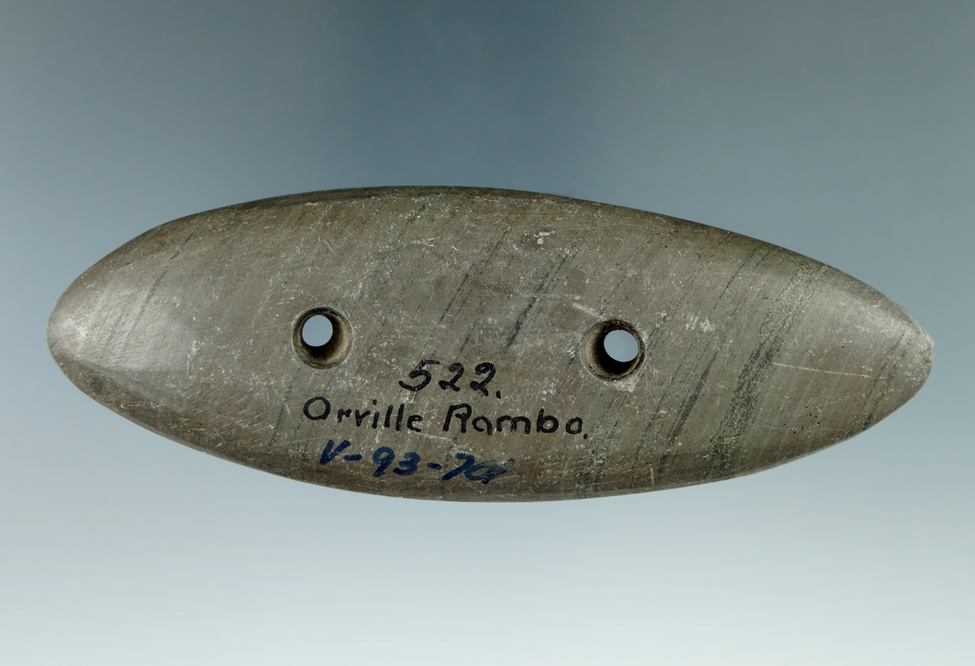 4 3/16" Glacial Kame Elliptical Gorget made from green and black Banded Slate, found in Ohio.