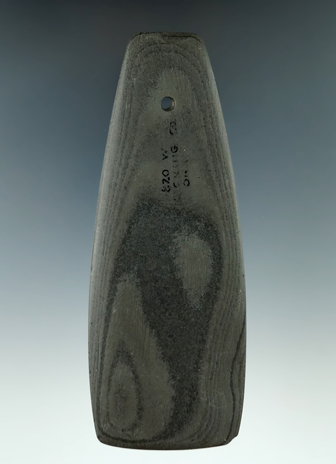 5 3/4" Very thin Hopewell Trapezoidal Pendant made from banded Slate, found in Licking Co., Ohio.