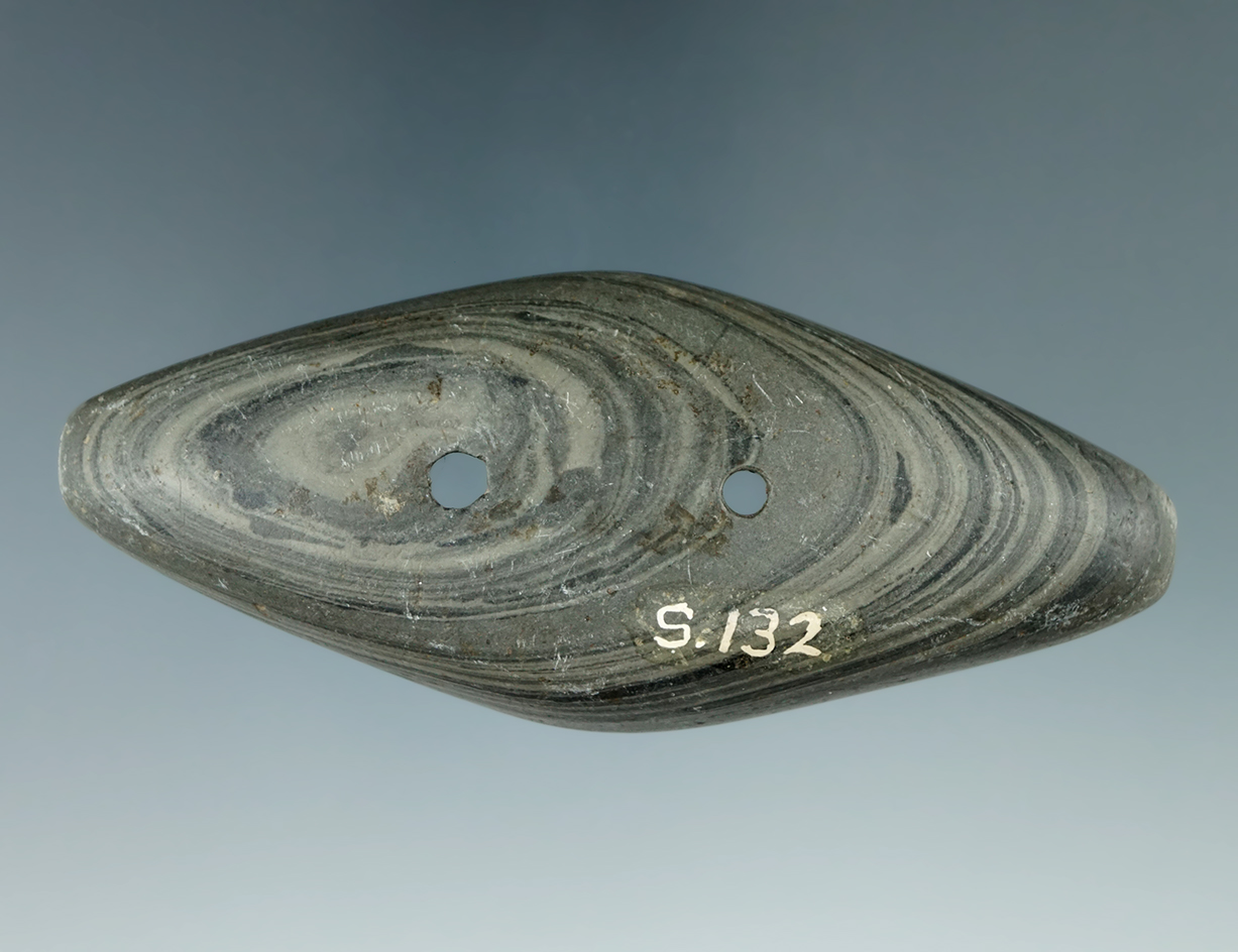 3 11/16" Adena Expanded Center Gorget found in Huron Co., Ohio.  Pictured in "Who's Who #2" pg. 63.