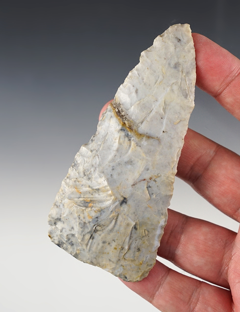 4 1/4" Triangle Knife made from blue and cream-colored Flint Ridge Flint. Holmes Co., Ohio. 