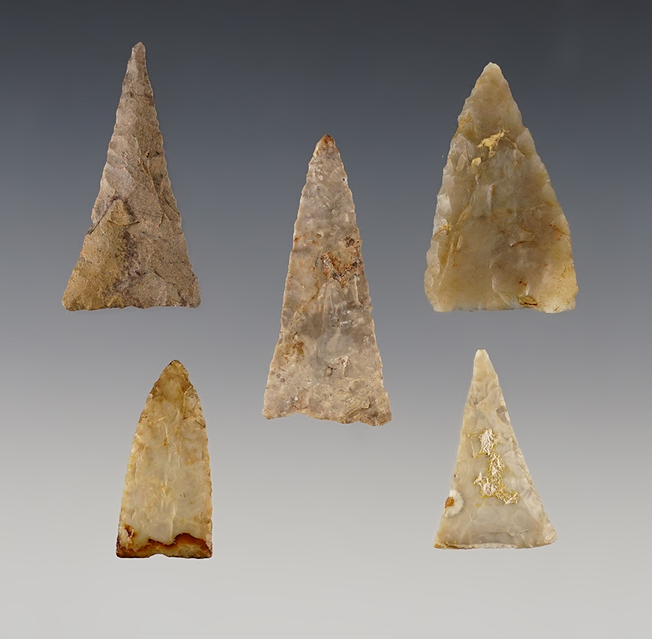 Set of 5 fine Madison Triangles found in Ohio. The largest is 1 3/4".