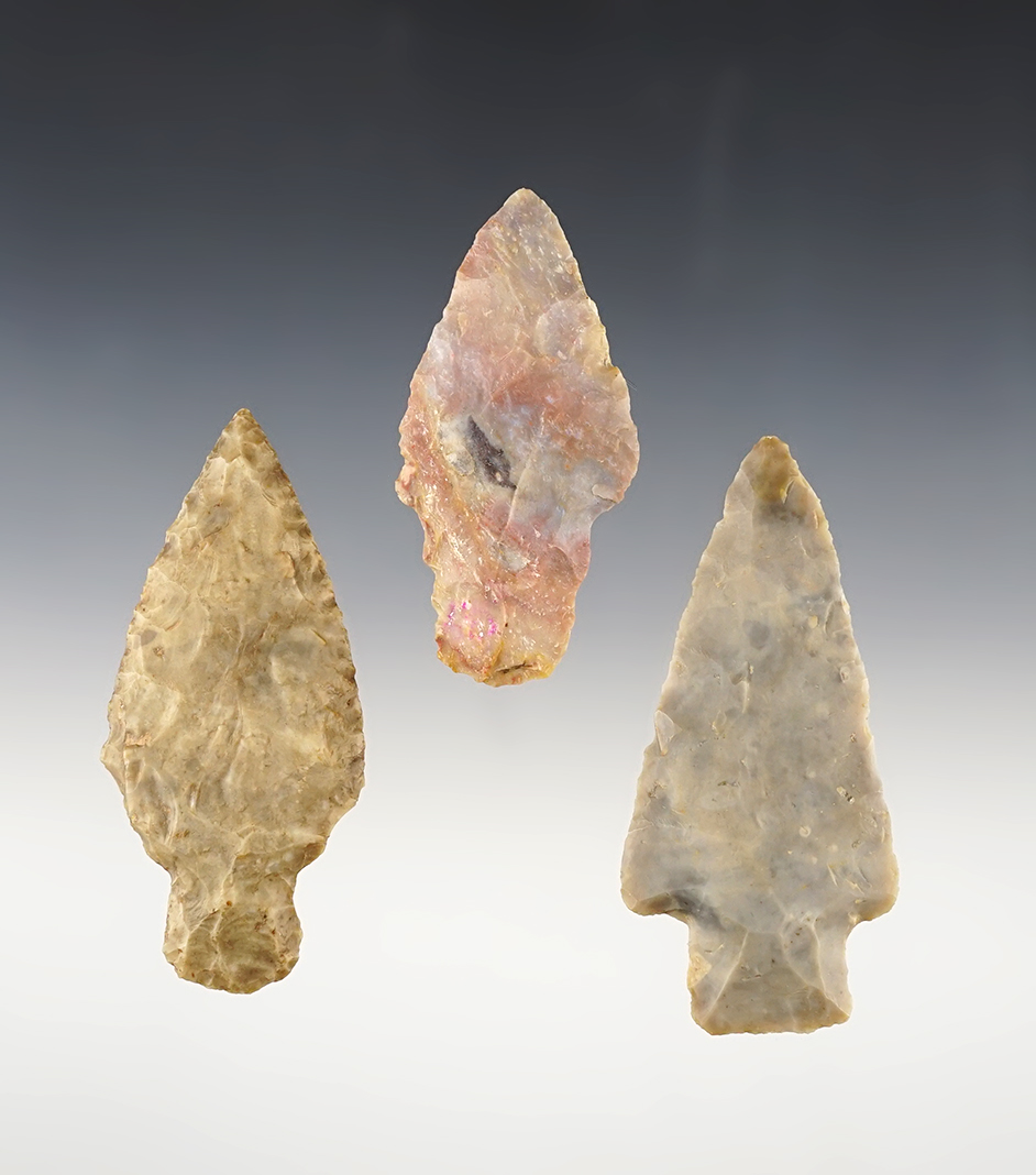 Set of 3 well made Adena points found in Ohio. The largest is 3 1/4".