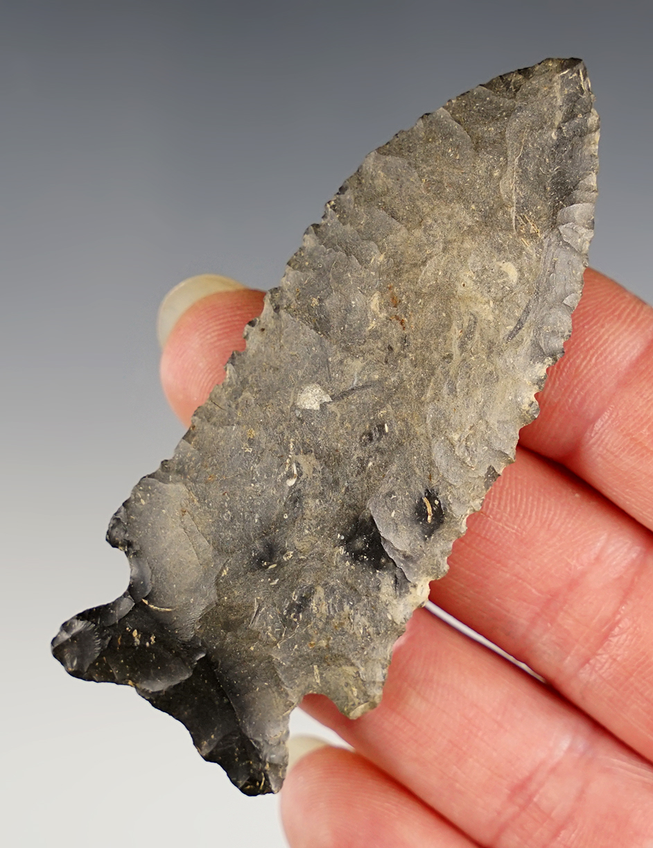 Well styled 3" Stilwell made from Upper Mercer Flint. Found in Scioto Co., Ohio. Davis COA. 