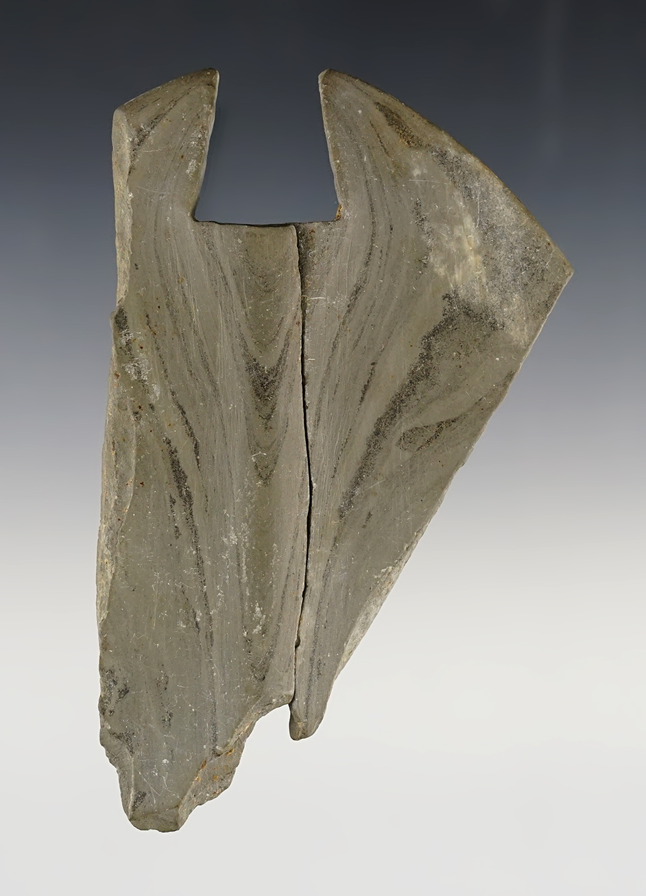 4 3/4" long Notched Ovate that is in two pieces. Found in Seneca Co., Ohio. 