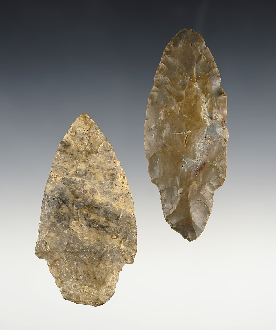 Pair of Adena points recovered in Ohio that are nicely patinated. Largest is 3 5/8".
