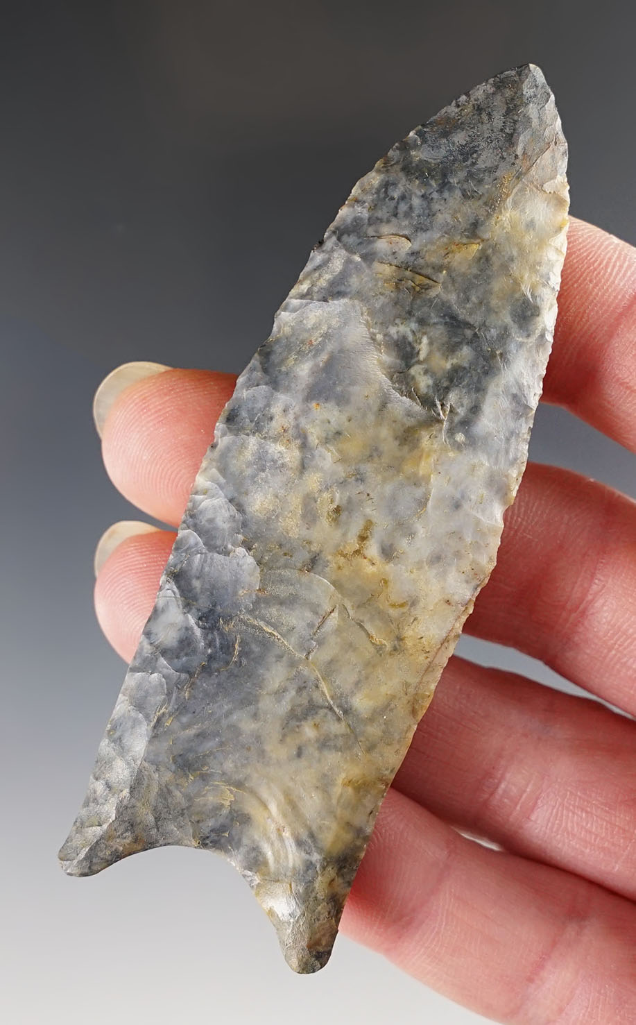 3 9/16" Paleo Fluted Clovis found in Ohio. Made from beautiful Upper Mercer Flint. Restored.