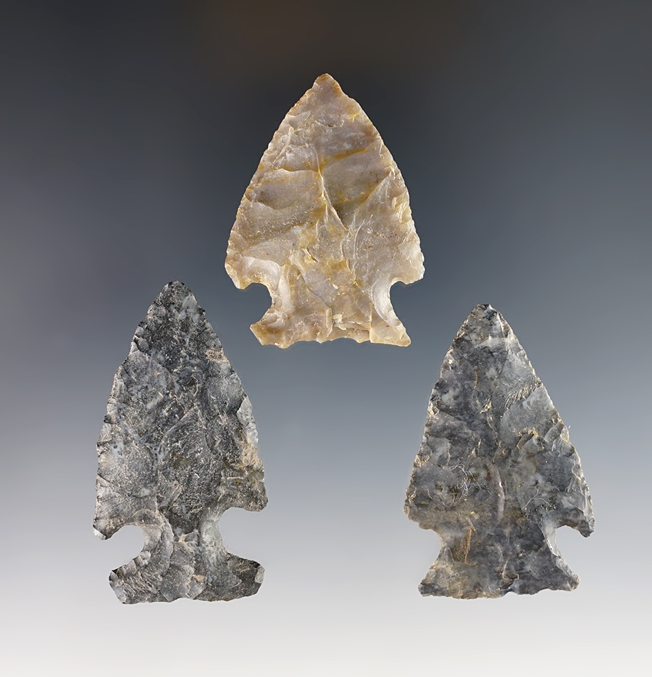 Set of three Coshocton Flint Intrusive Mound Points found in Ohio. Largest is 2".