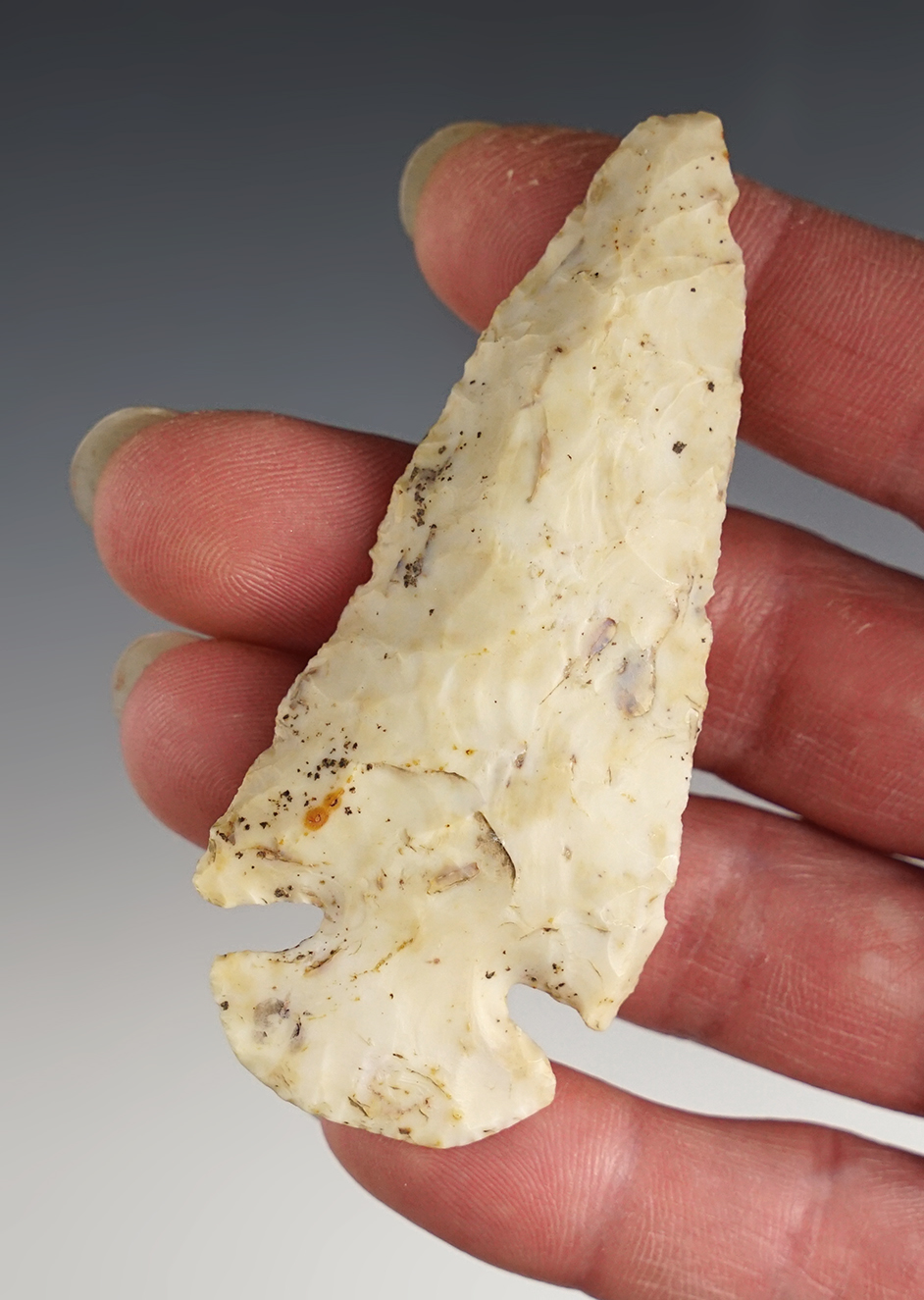 3 1/16" Dovetail made from patinated cream flint. Found in Green Springs, Seneca Co., Ohio. 