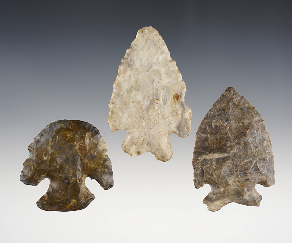 Set of 3 Ohio Flint Knives, largest is a 2 13/16" Bifurcate. 