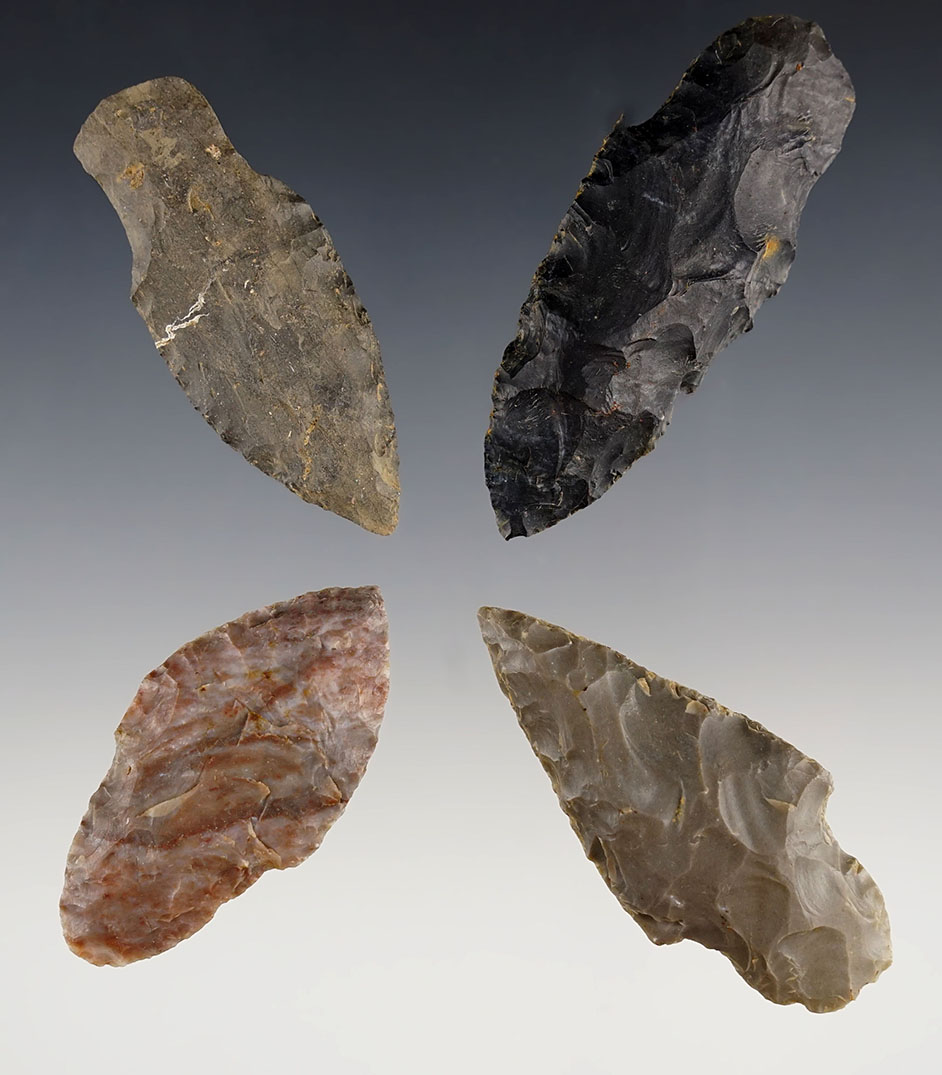 Set of four classic style Adena points recovered in Ohio. Largest is 2 3/4".