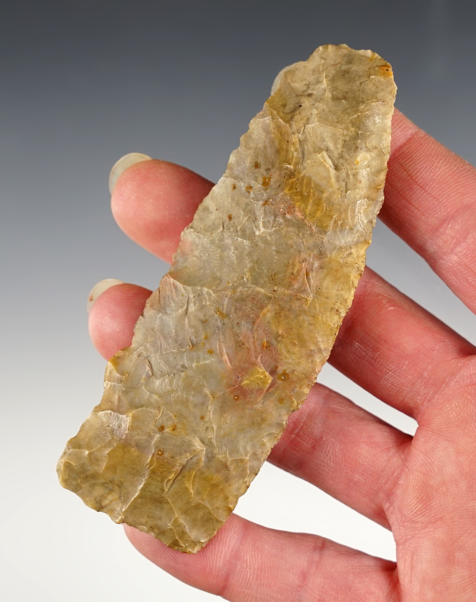 3 7/8" Paleo Square Knife -Flint Ridge Flint. Found in Ashland Co., Ohio. Ex. Dr. Jim Mills.