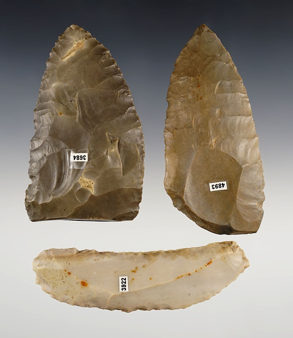 Set of three Paleo Uniface Knives in excellent condition. Found in the Ohio/Indiana area.  