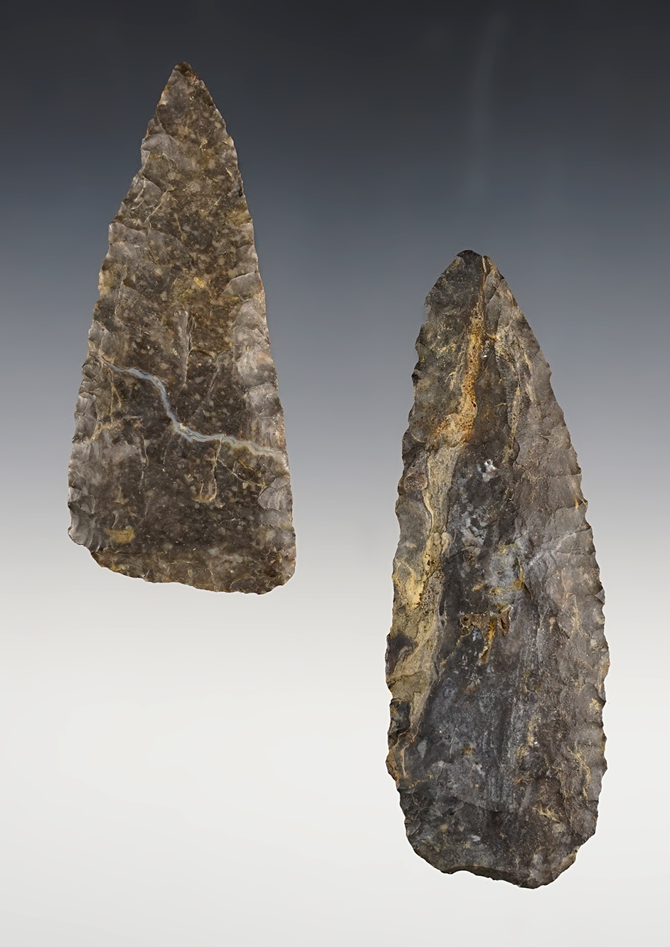 Pair of Coshocton Flint Knives, largest is a 4 1/16" Paleo found in Tuscarawas County Ohio. 