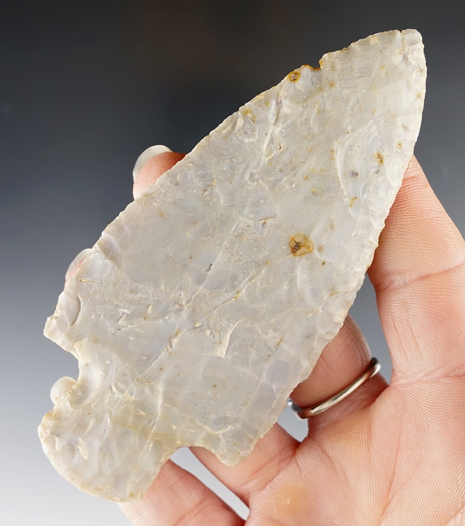 4 1/4" Adena -Flint Ridge Flint. Found in Allen Co., Ohio. Ex. Archie Diller, Tom Whited (#27), Ron Helman