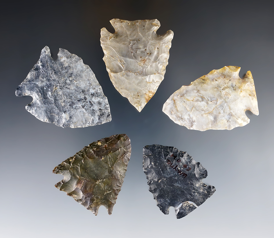 Set of 5 Cornernotch Points found in Ohio, in nice condition. Largest is 1 3/4".