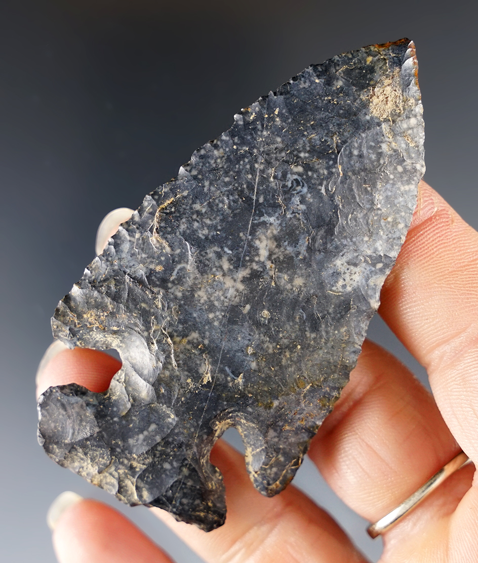 3" Coshocton Flint Archaic Thebes E-Notch that is very well patinated. Found in Ohio. 