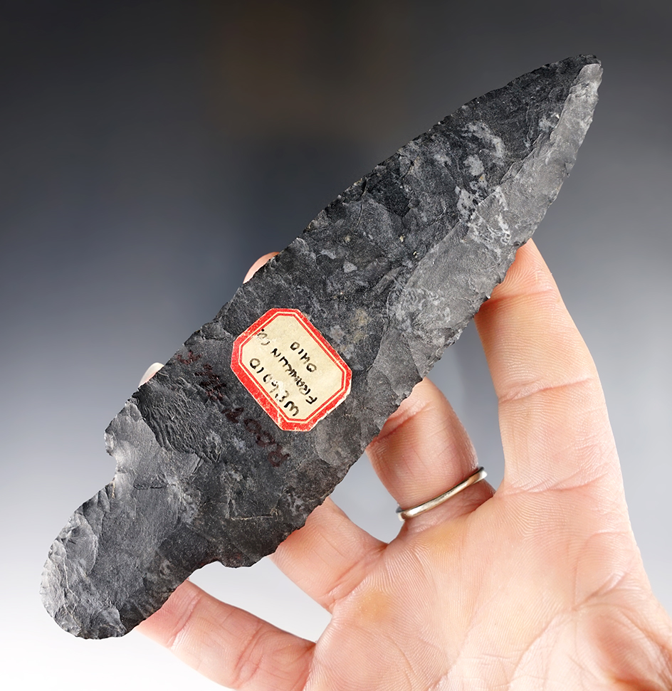 Large 6" Early Adena - Coshocton Flint. Found in Franklin Co., Ohio. Ex. Dean Majors, Elmer Grimm.