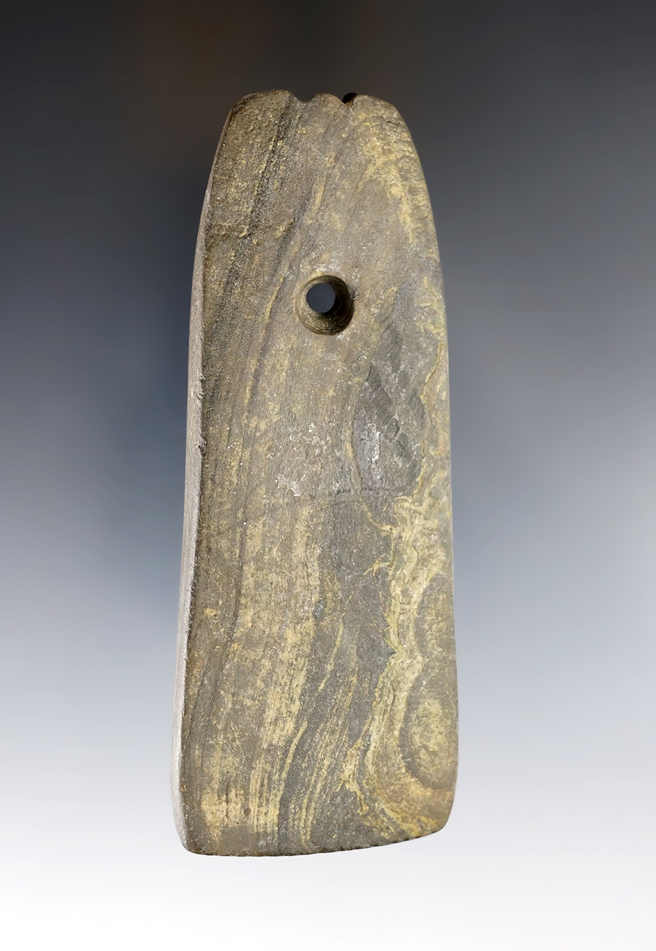 4 1/16" Hopewell Trapezoidal Pendant with a fringed top and tally marks & tallies. Huron Co., Ohio.