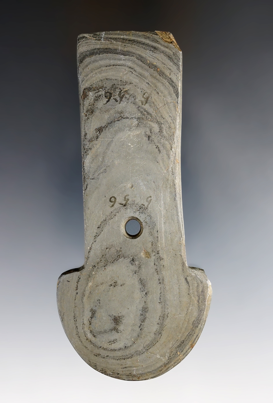 4 9/16" Hopewell Shovel Pendant made from gray and black Mottled Slate. Found in Richland Co., Ohio.
