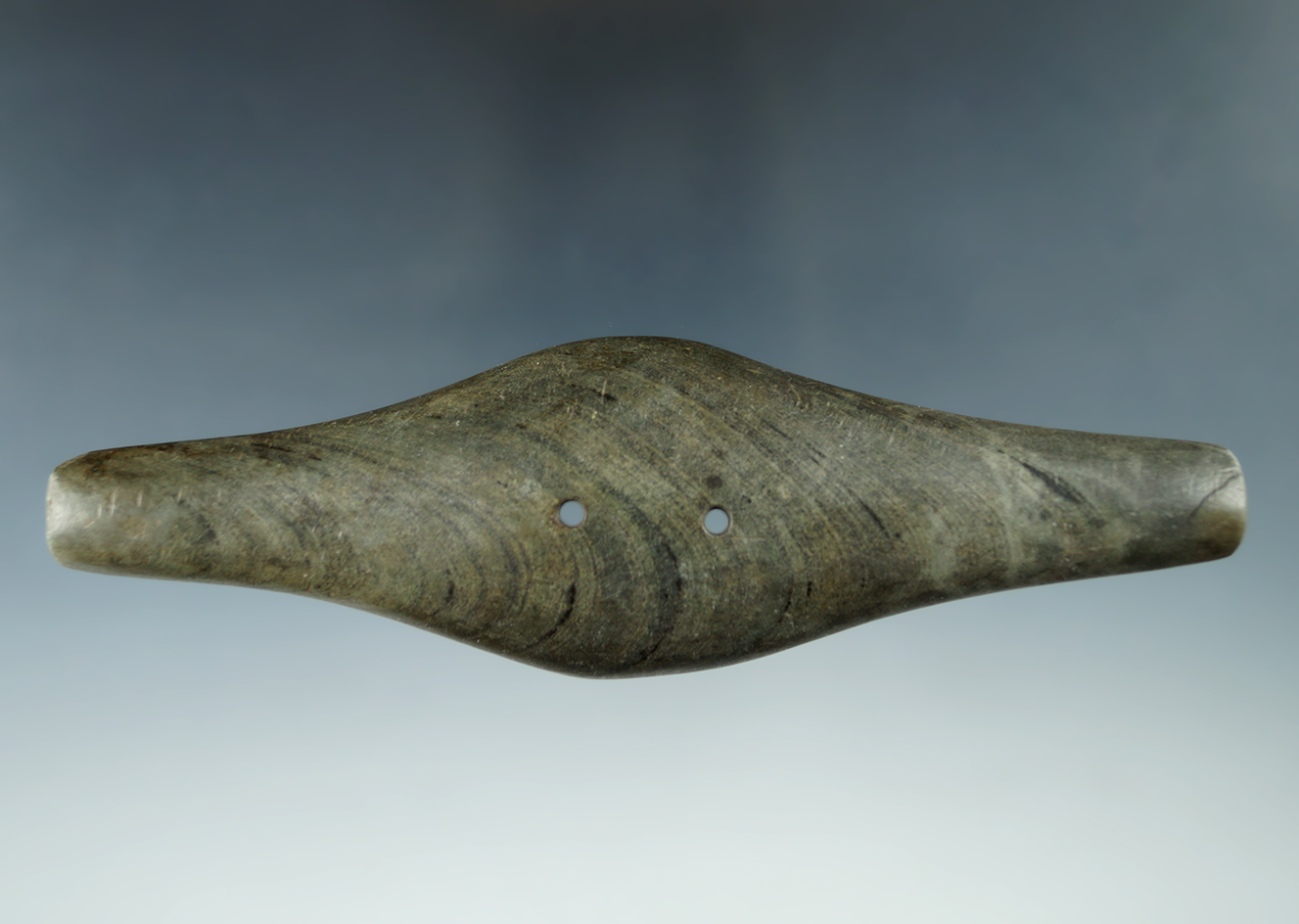 6" Adena Expanded Center Gorget made from green and black Banded Slate, found in Scioto Co., Ohio.