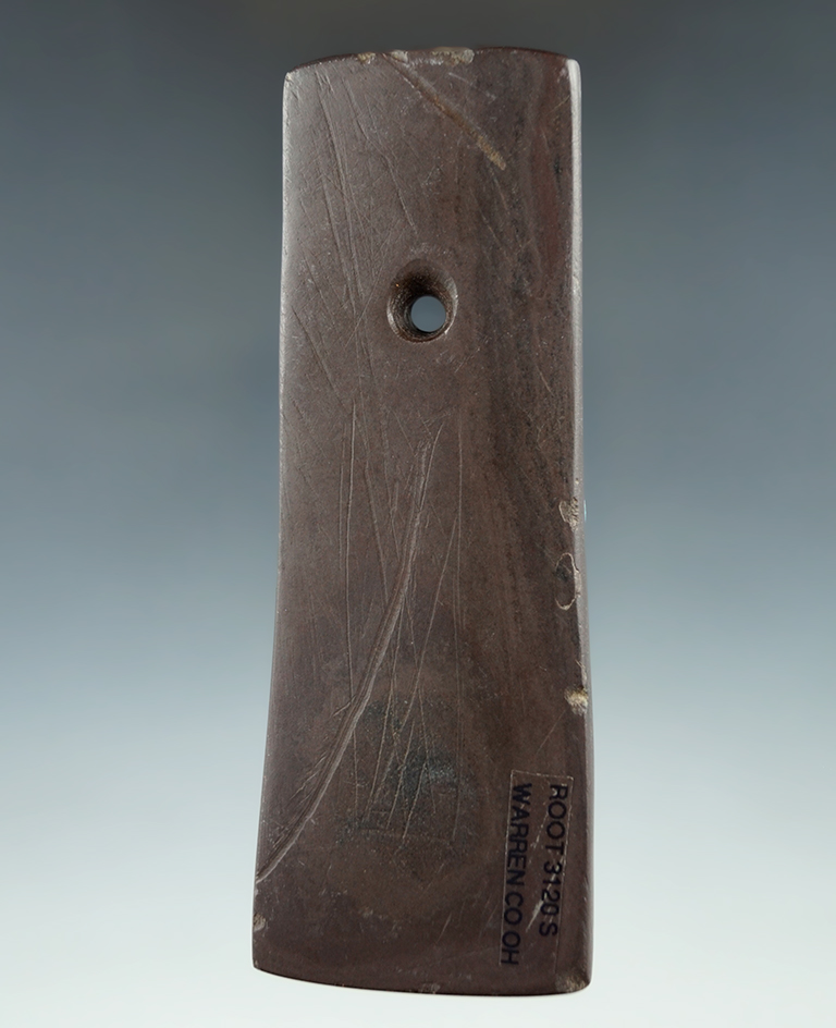 4 1/8" Hopewell Trapezoidal Pendant that is nicely engraved found in Warren Co., Ohio. Ex.Siebeneck.