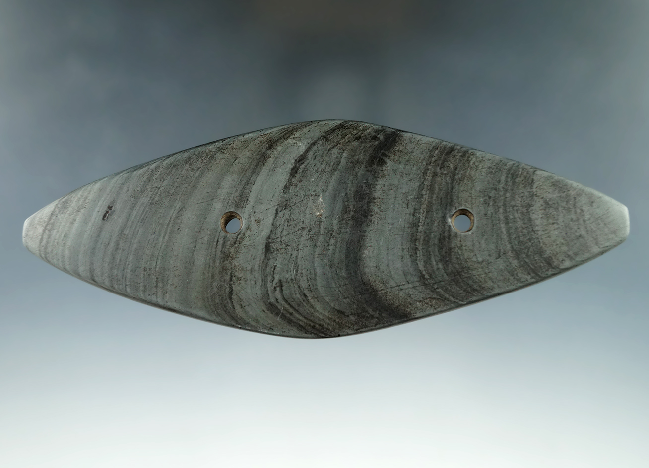 6 5/16" Glacial Kame Diamond Shaped Gorget found in Cuyahoga Co., Ohio. Pictured in Who's Who 8.