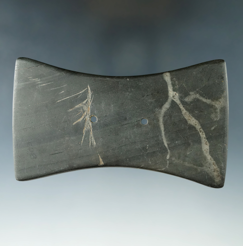 4 1/4" Adena Bi-Concave Gorget - Meigs Co., Ohio. Ex. Dr. Roland Bunch, Marion Bush Collections.