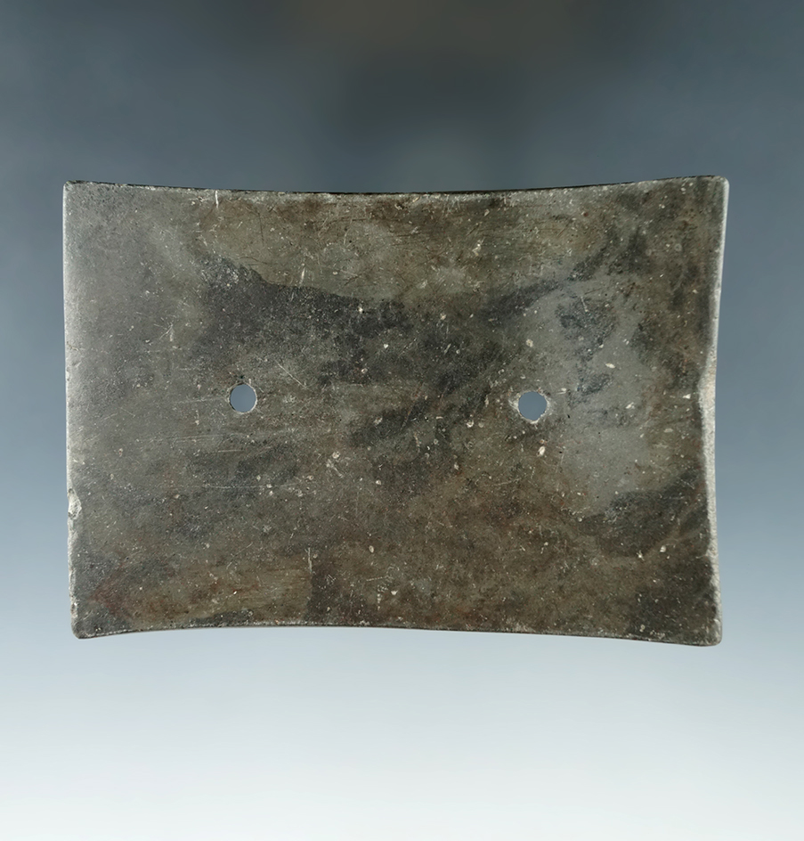 3 3/4" Adena Quadriconcave Gorget made from green and black Mottled Slate, found in Ohio.  COA.