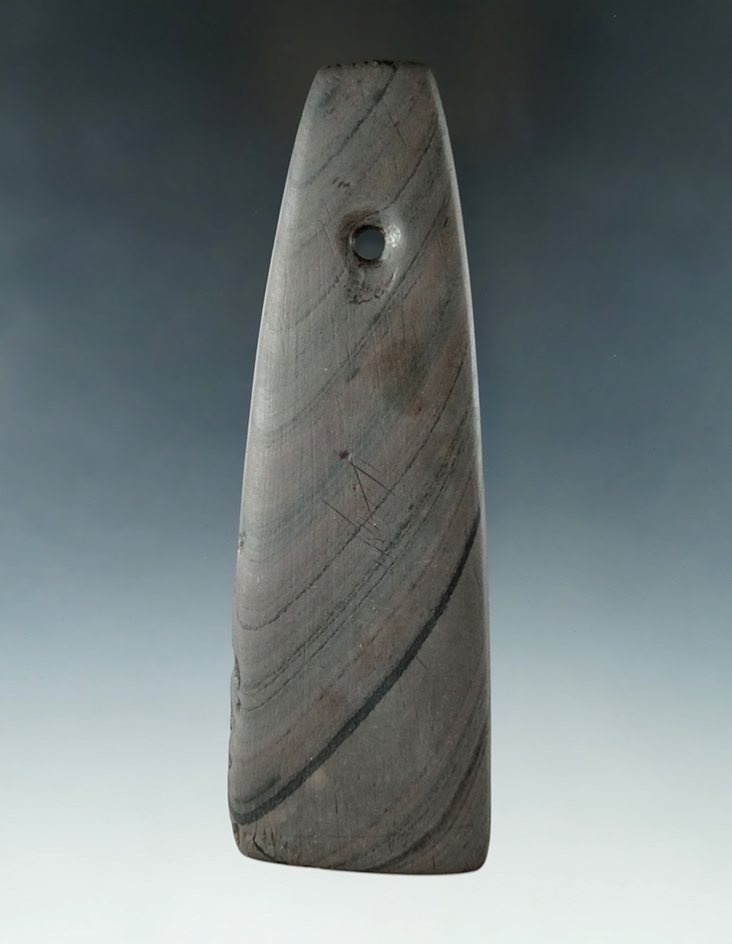 Very thin 5 3/16" Hopewell Trapezoidal Pendant with a fringed top, Brown Co., Ohio. Pictured.