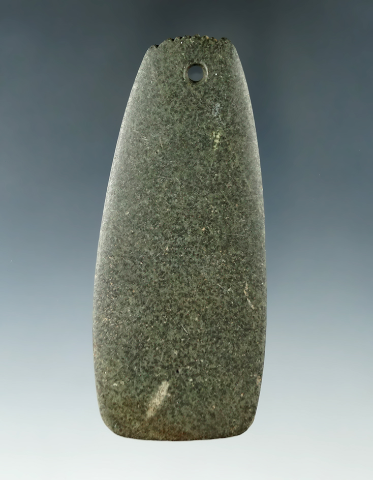 3 11/16" Fringed Hopewell Trapezoidal Pendant found in Richland Co., Ohio. Ex. Townsend, Hillen.