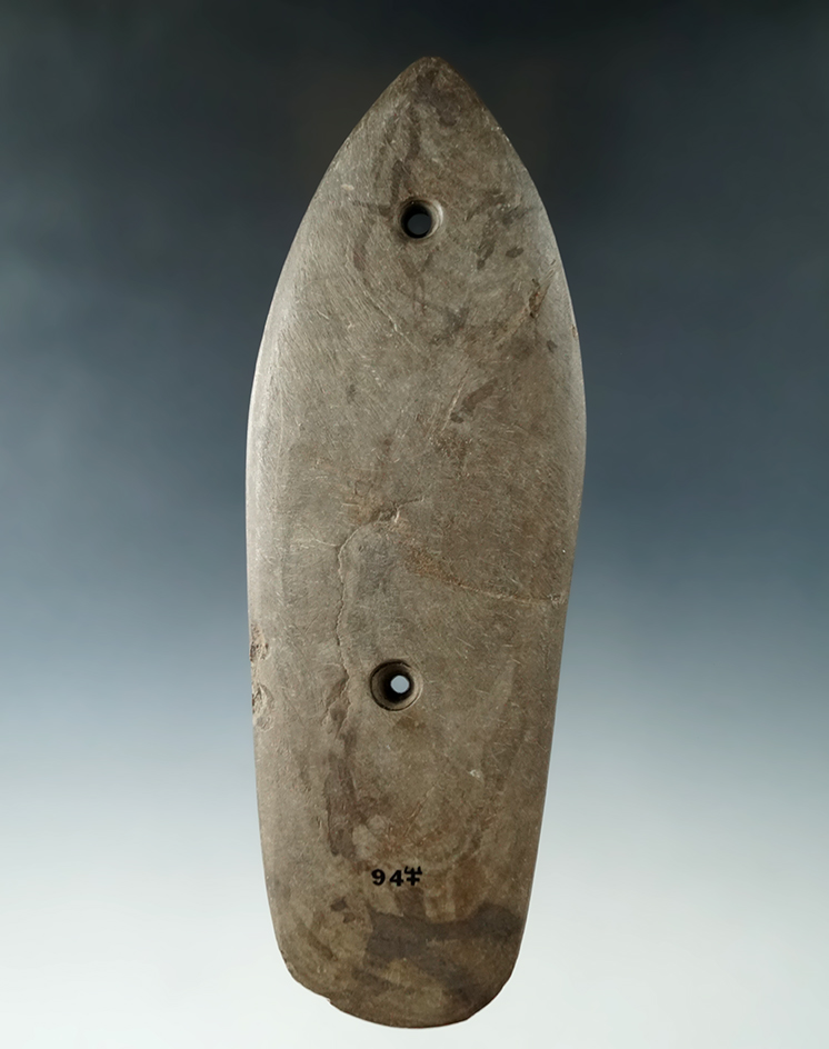 6 7/16" Glacial Kame Sandal Sole Gorget found in Wood Co., Ohio. Pictured in Who's Who #8, p 71.