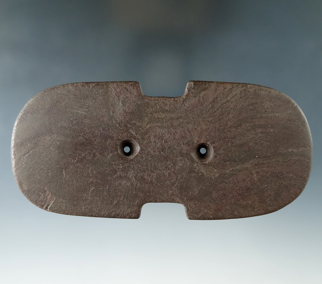 5 1/4" Glacial Kame Indented Gorget found by Herb Lenhart, Sheffield Twp., Lorain Co., Ohio.