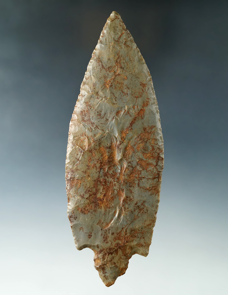 Large 6 1/4" Turkeytail made from Hornstone with red ochre deposits on surface, Steuben Co., IN.