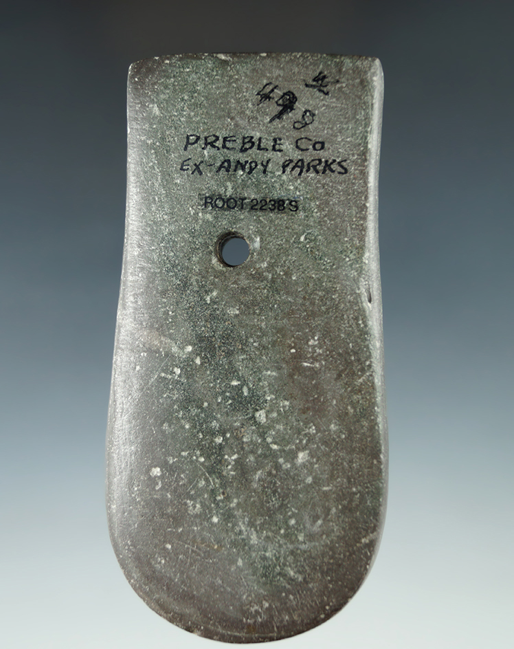 4 3/16" Adena Keyhole Pendant with a nicely fringed top. Preble Co., Ohio.