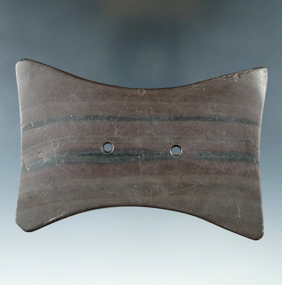 4 1/4" Adena Quadriconcave Gorget made from red and black Banded Slate. Seneca Co., Ohio.