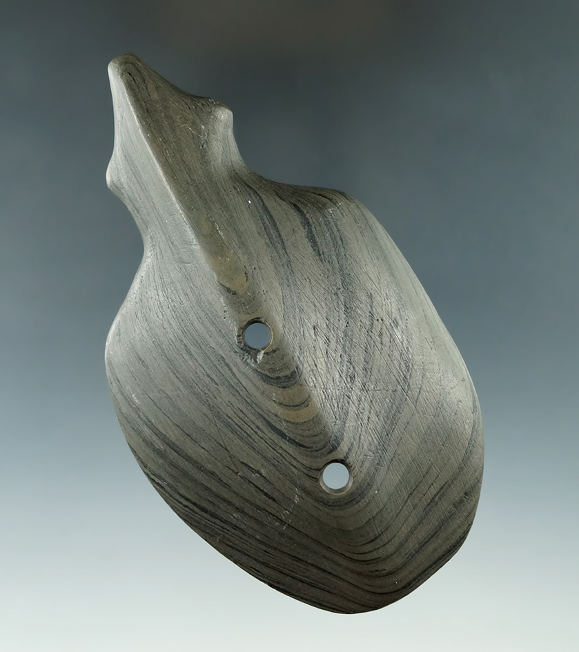 Sale Highlight! 4 9/16" Highly stylized Effigy Gorget/Birdstone - Delaware Co., Ohio. Pictured 15 ti