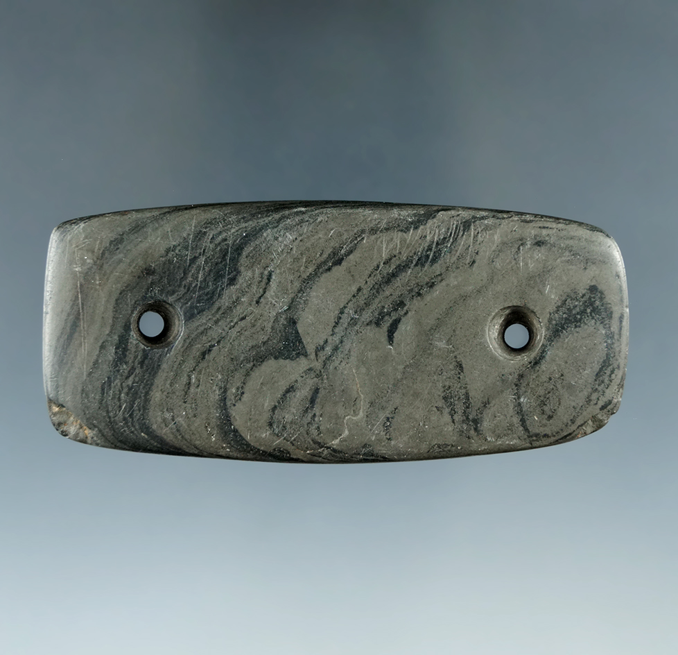 3 1/16" Glacial Kame Bar Gorget made from green and black Slate, found in Ohio. Ex. Cameron Parks.