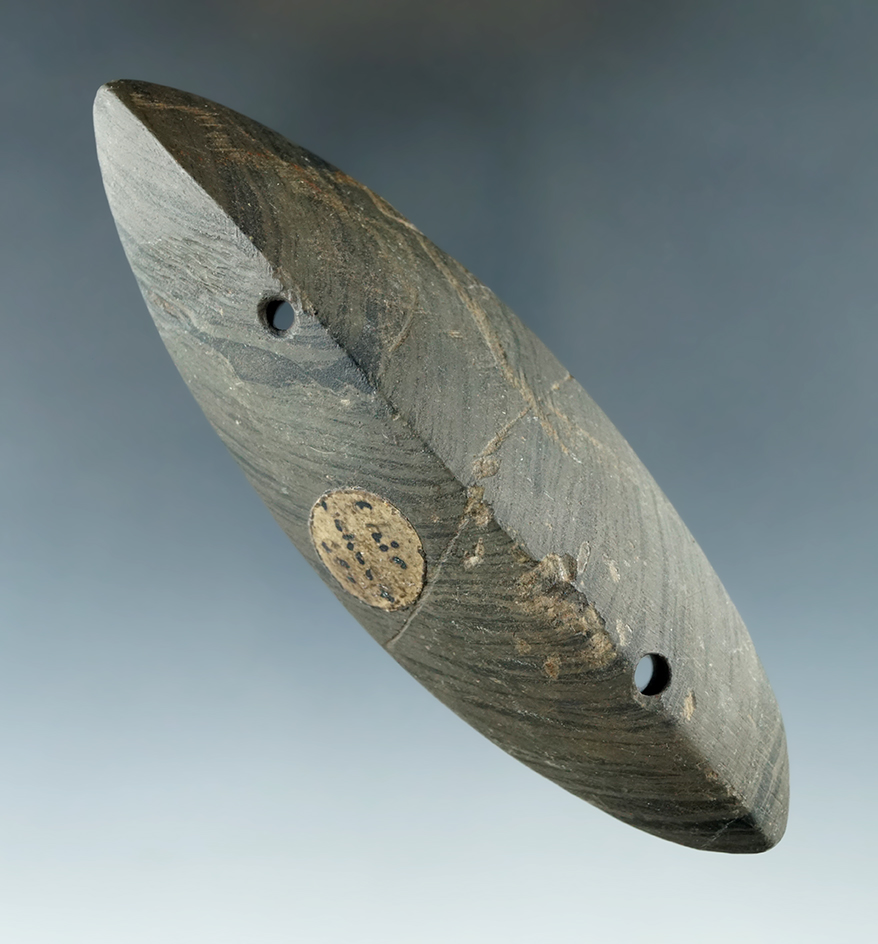 4 3/4" Glacial Kame Spineback Gorget found in Seneca Co., Ohio. Pictured. Ex. Judge Claude Stone.