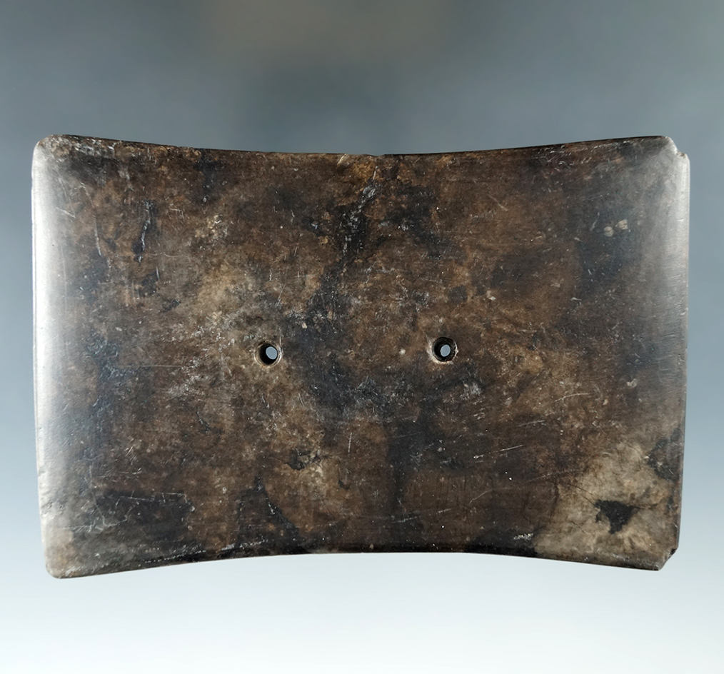 Heavily patinated 4 3/4" Adena Bi-Concave Gorget - Preble Co., Ohio. Pictured 6 times!  Ex. Meuser.