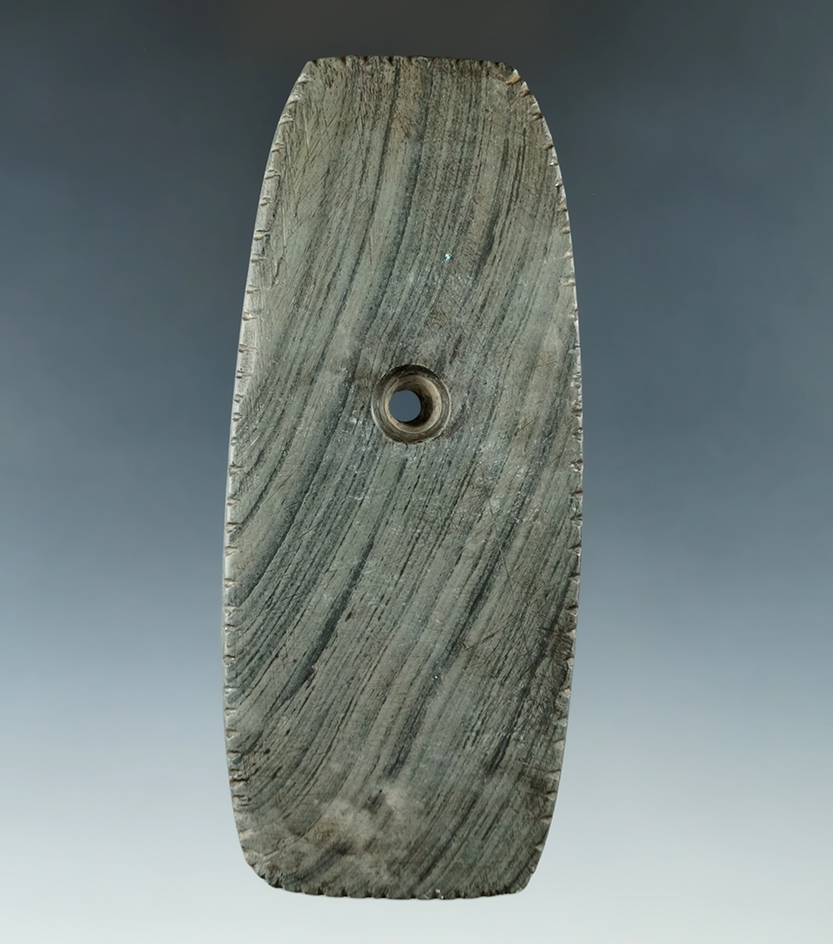 4 3/8" Adena Trapezoidal Pendant found in Medina Co., Ohio. Ex. Theron Lee (#4064), Gilbert Dilley.