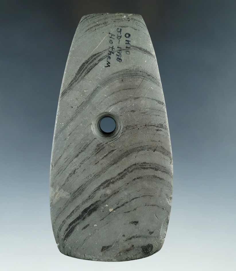 4 7/8" Adena Trapezoidal Pendant found in Ohio. Ex. Jim Dutcher (JD-1998), Lar Hothem Collections.