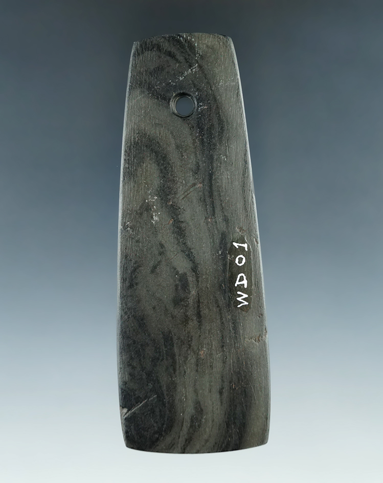 3 15/16" Hopewell Trapezoidal Pendant made from green and black Banded Slate, found in Ohio.
