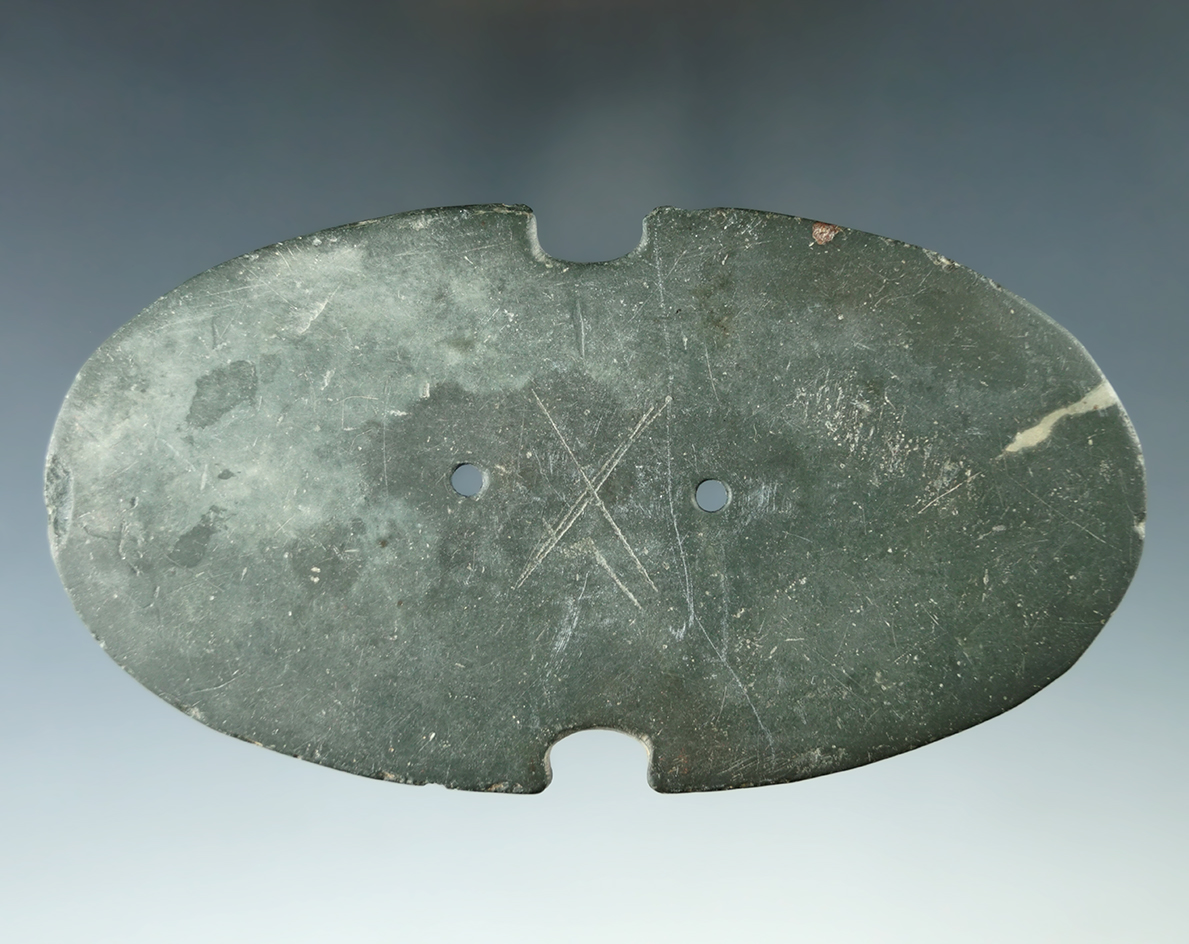 Very rare style 4 5/8" Adena Indented Gorget with engravings - Ross Co., Ohio. Pictured 5 times!