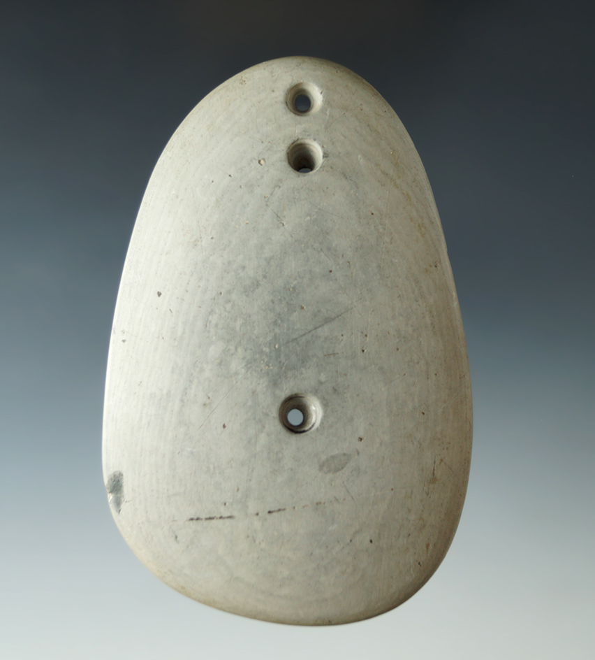 Rare style! 4 1/16" Glacial Kame 3 Hole Gorget found in Hancock Co., Ohio. Pictured Ex. Dr. Copeland