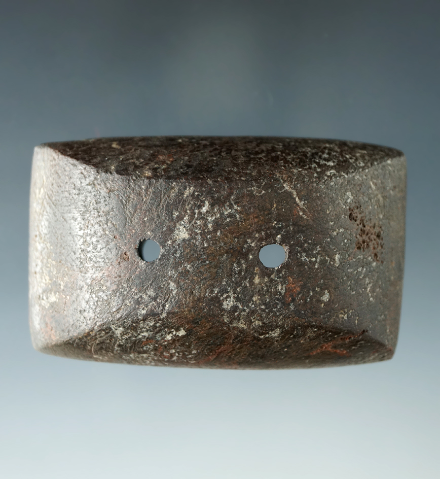 2 9/16" Adena Semi-Keeled Gorget made from red and brown Hematite,  Perry, Lake Co., Ohio.