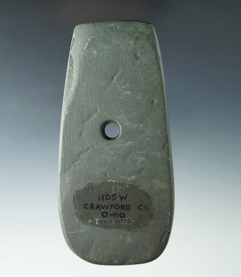 4 13/16" Pendant made from green Slate, found in Crawford Co., Ohio. Ex. August Wehrle (#1105W).