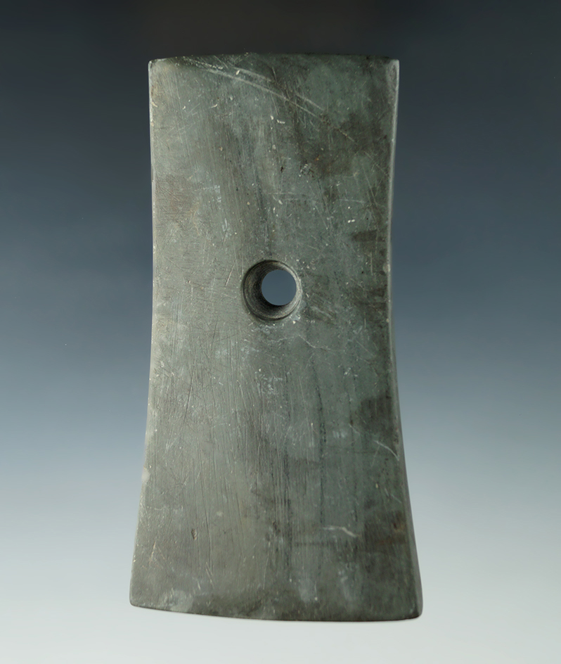 4 3/16" Adena Bell Pendant made from gray and black Banded Slate, found in Defiance Co., Ohio.
