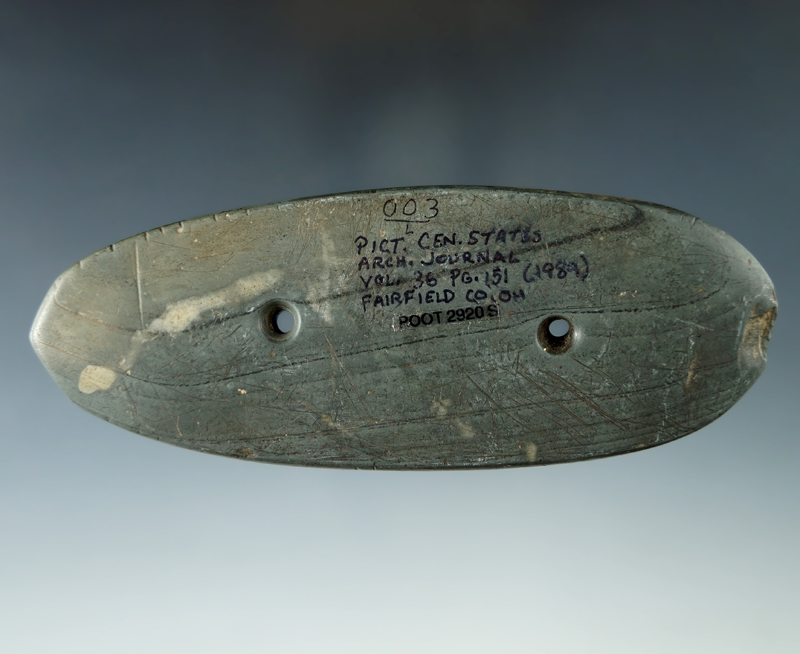 5" Glacial Kame Oval Gorget with tallies found in Fairfield Co., Ohio. Pictured in Central States.