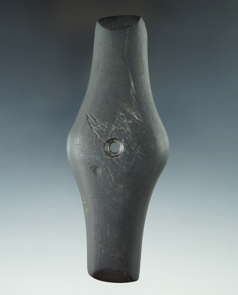 4 3/4" Hopewell Expanded Center Gorget made from black Slate, found in Ohio. Pictured. Ex. Wachtel.