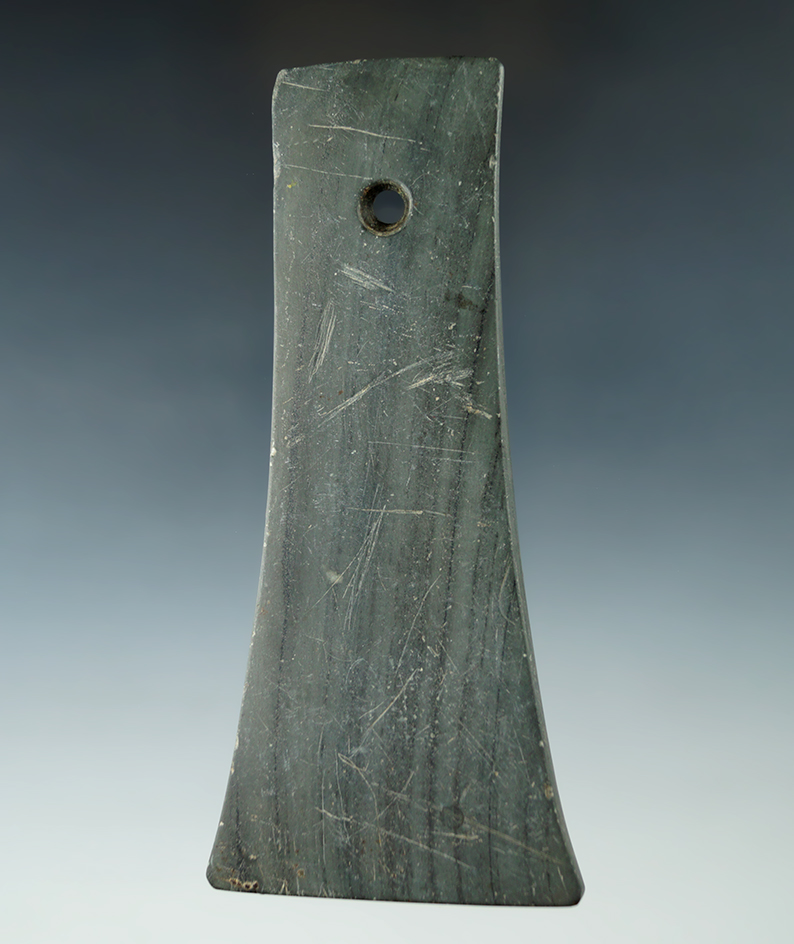 4 13/16" Adena Bell Pendant made from green and black Banded Slate. Found in Licking Co., Ohio.